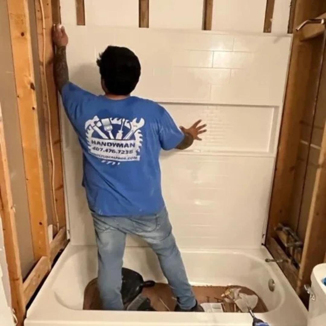Tub and shower surround installation in progress by Friendly Local Pros